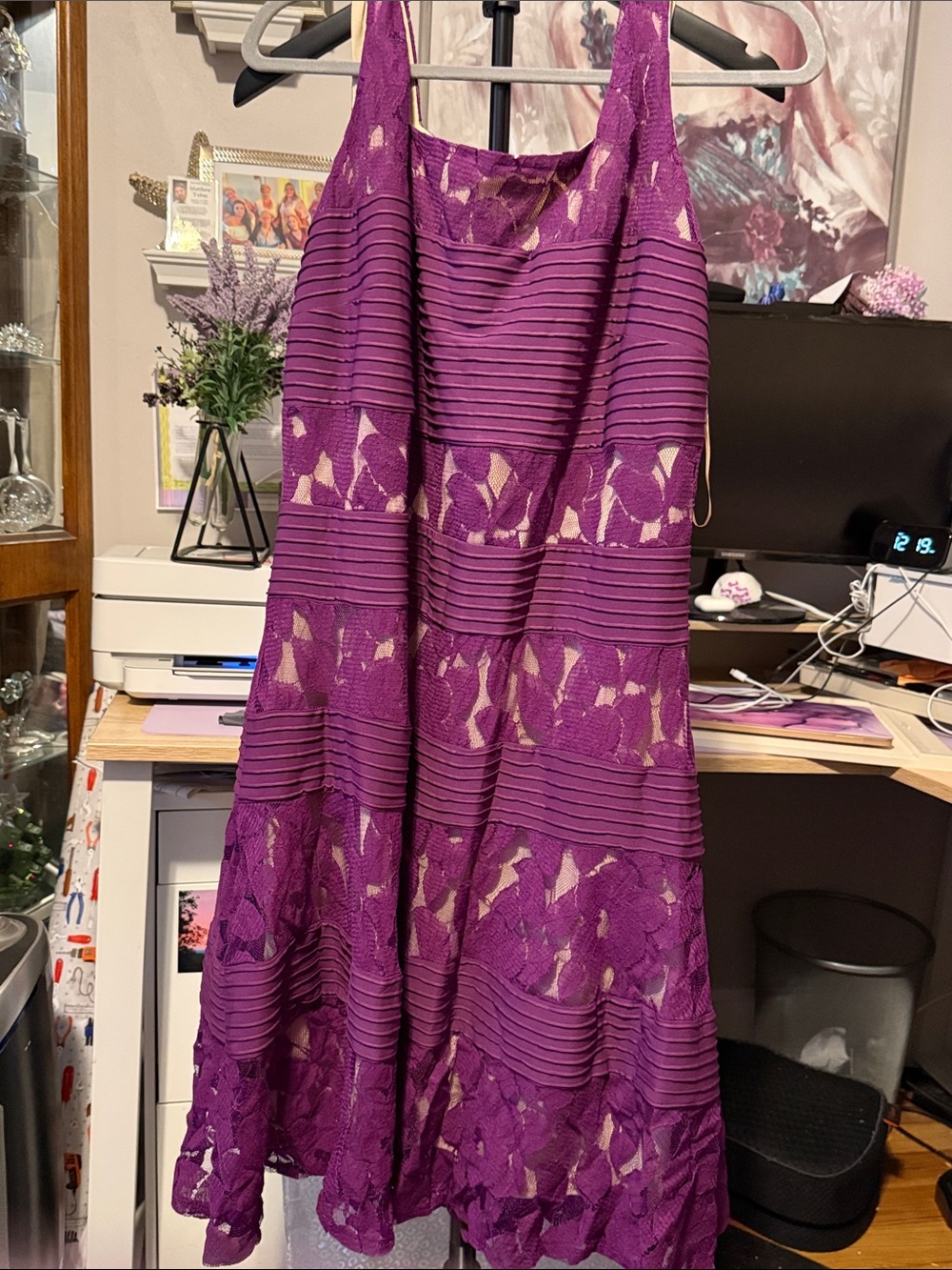 Gabby Skye Purple Lace Tiered Midi Dress